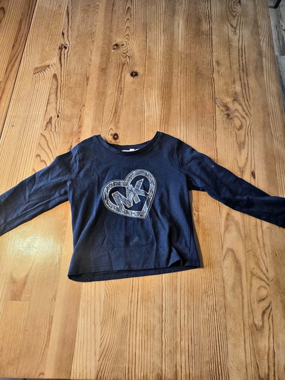 Michael Kors Studded Logo Heart Long-Sleeve Navy T-Shirt